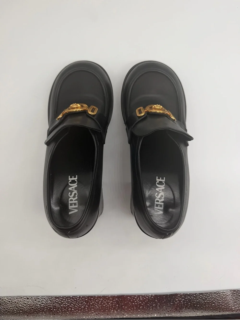 Versace Black Leather Platform Loafers with Gold Medallion Sz 38 EU